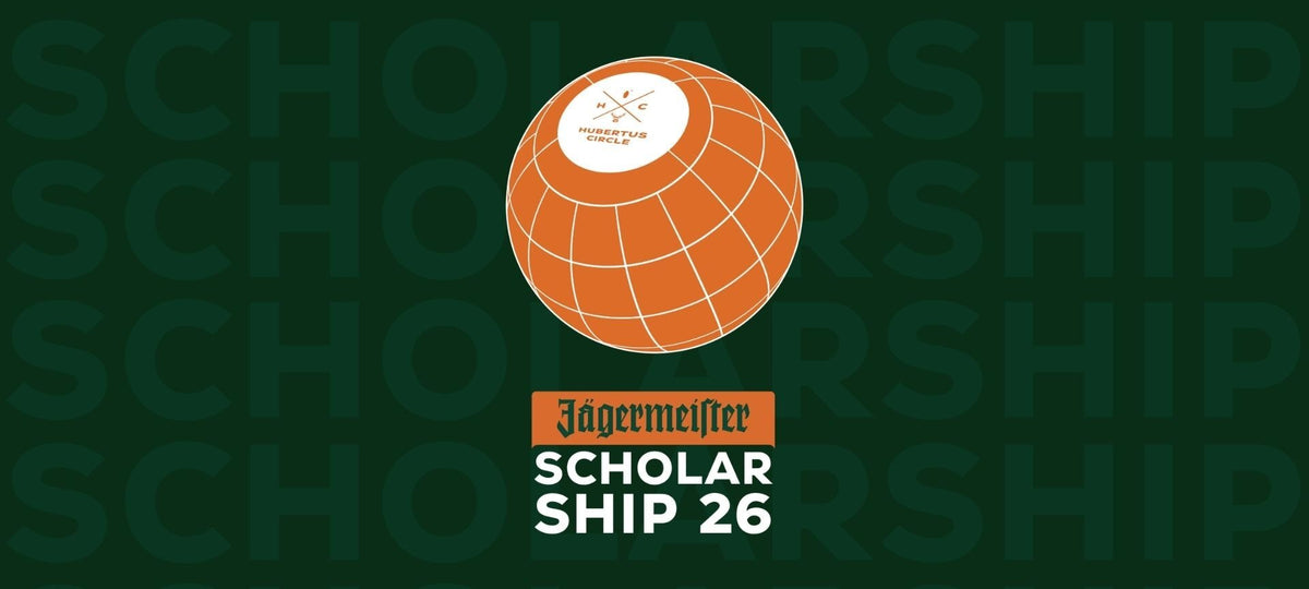 Scholarship 2026 logo featuring an orange globe with white grid lines and a white circular emblem, above the text 'Jägermeister' and 'SCHOLAR SHIP 26' on a dark green background with faint repeated 'SCHOLARSHIP' text.