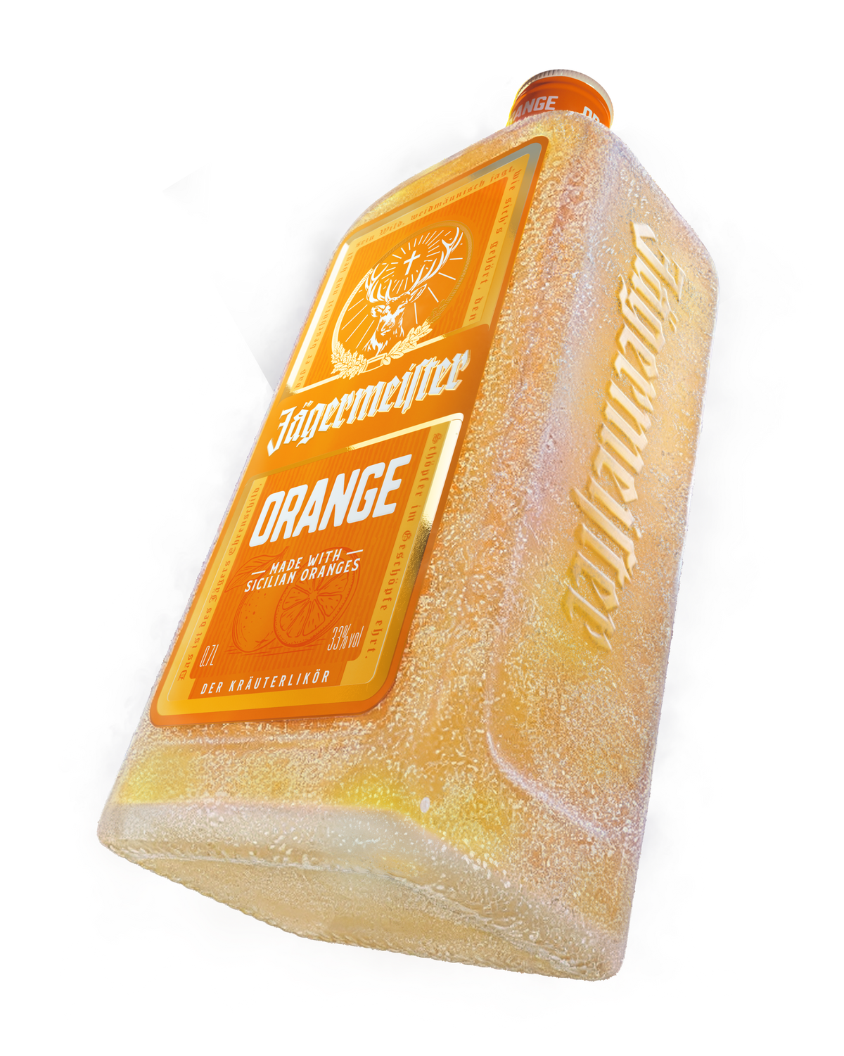 A bottle of Jögermeiner Orange liqueur, shown at an angle with a textured, frosted finish resembling ice. The bottle features a prominent orange label with the brand's logo and name, and 'Jögermeiner' is embossed vertically on the side.