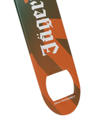 Close-up of the Jägermeister bottle opener with orange grip end, striped design, white Jägermeister logo, and "Drink Responsibly" lettering.
