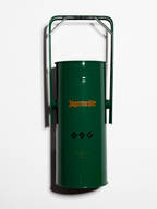 Green metal incense burner with handle and orange Jägermeister logo on a white background