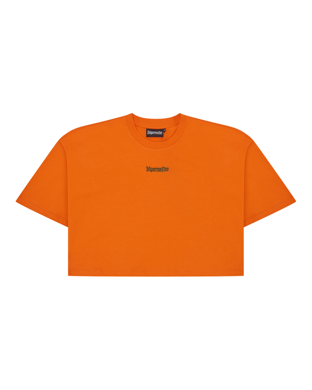 Orange Jägermeister cropped tee with a green brand logo.