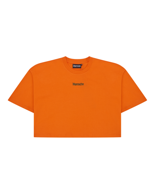 Orange Jägermeister cropped tee with a green brand logo.