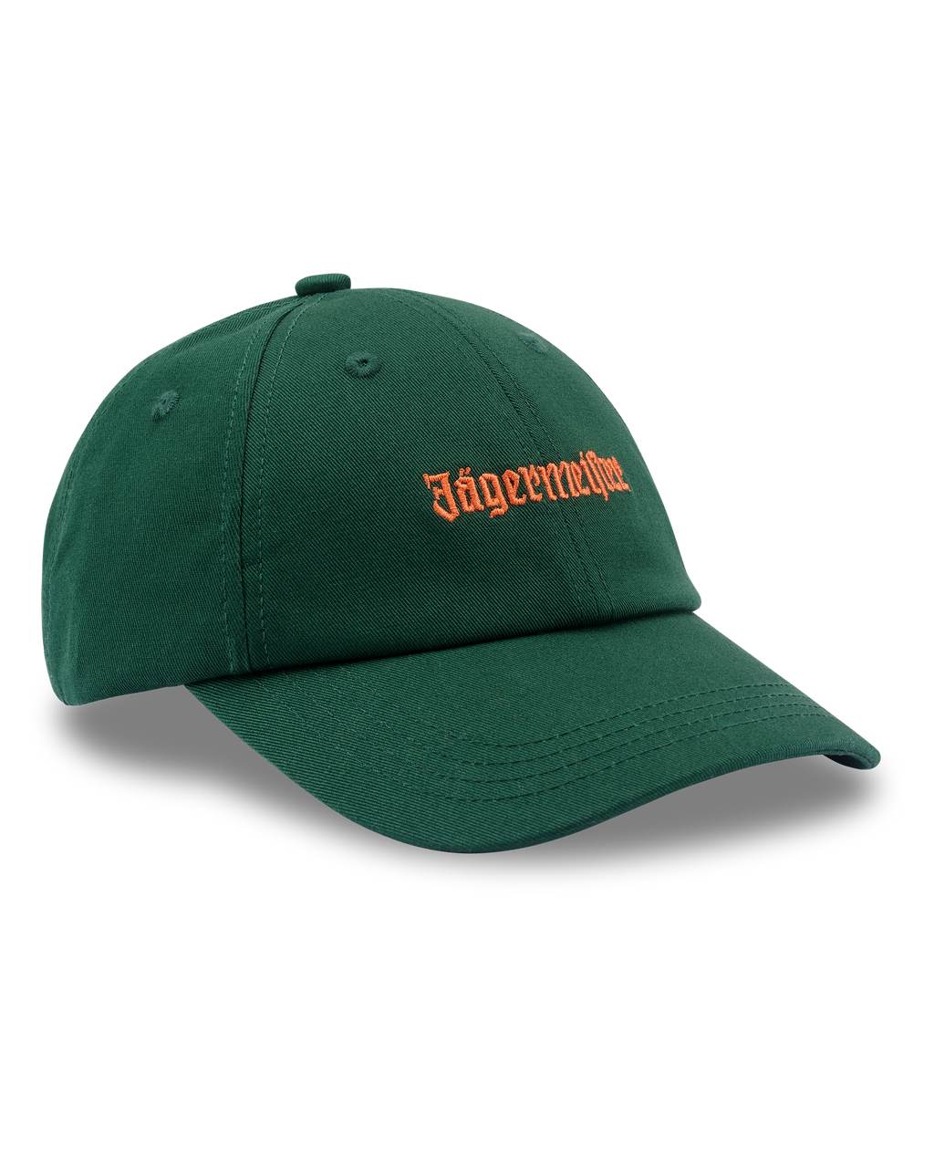 Boné de aba curva verde Jägermeister com logótipo wordmark Jägermeister em laranja na frente.