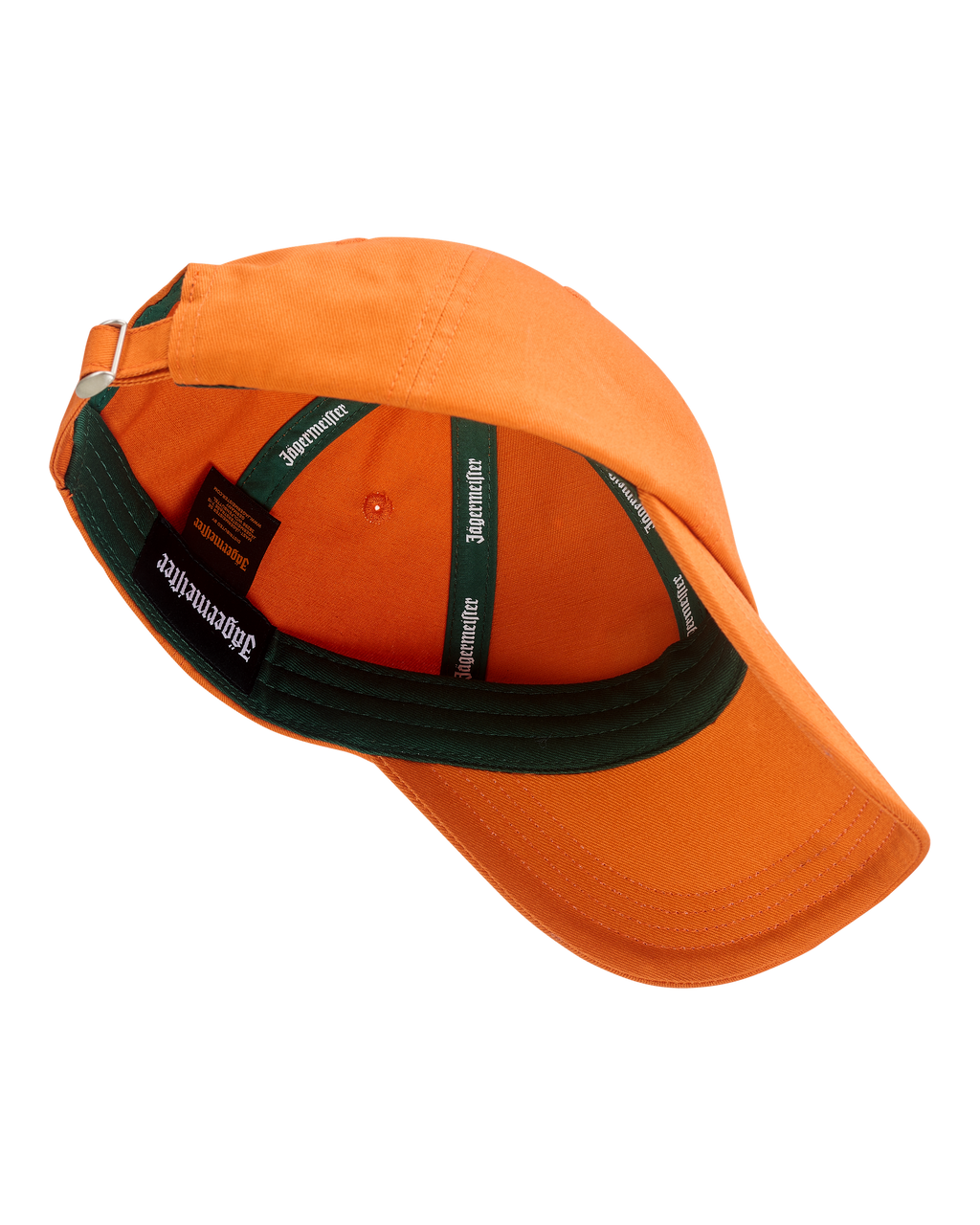 Boné tipo dad laranja Jägermeister com aba verde.