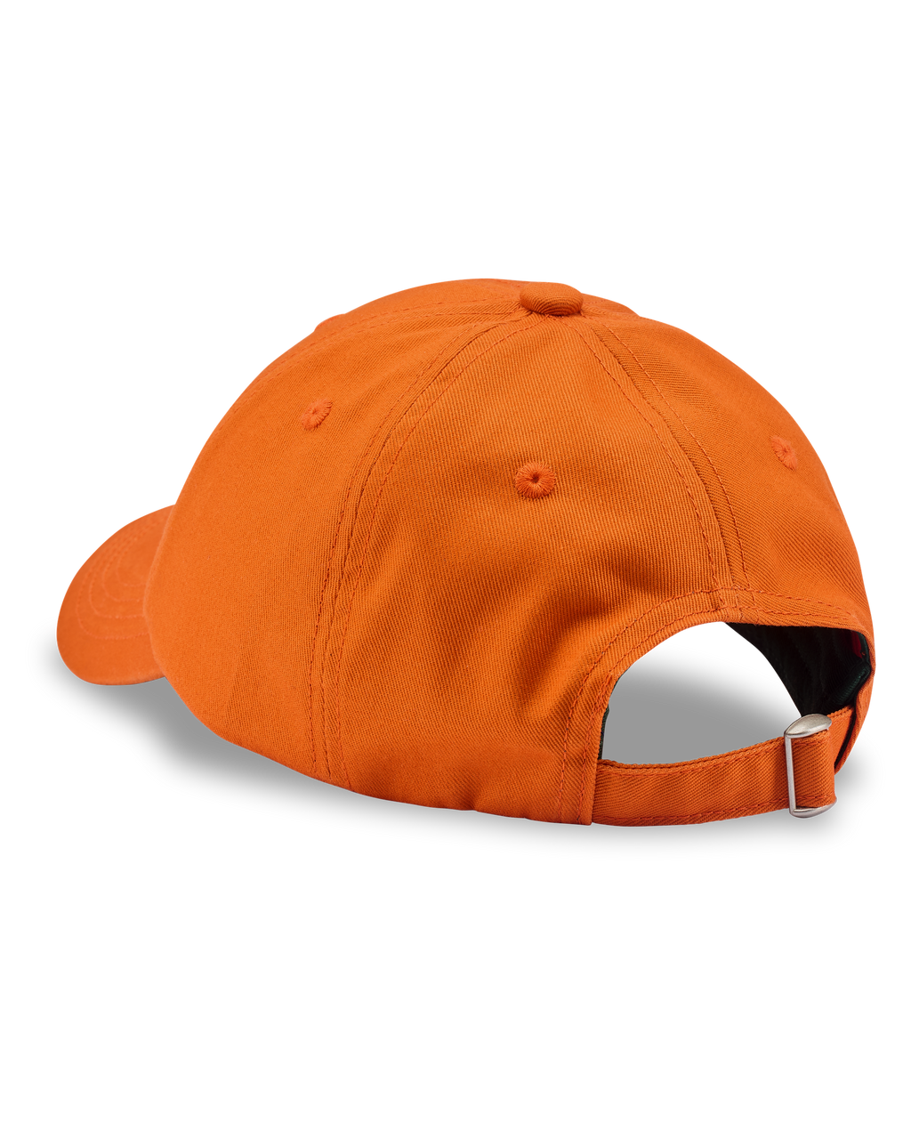 Boné tipo dad laranja Jägermeister visto de lado, sem qualquer logótipo visível.