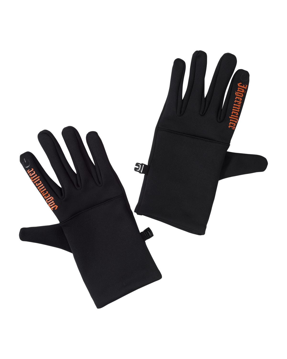 Black Jägermeister gloves with orange Jägermeister wordmark on the indicating finger.