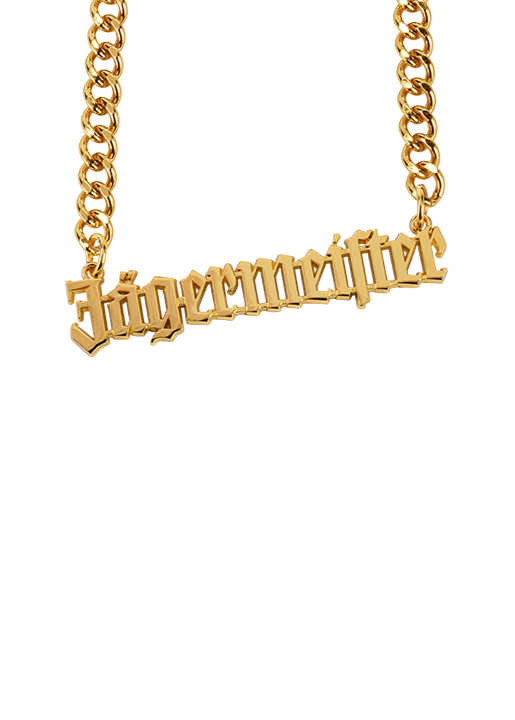 Gold necklace with 'Jägermeister' pendant.