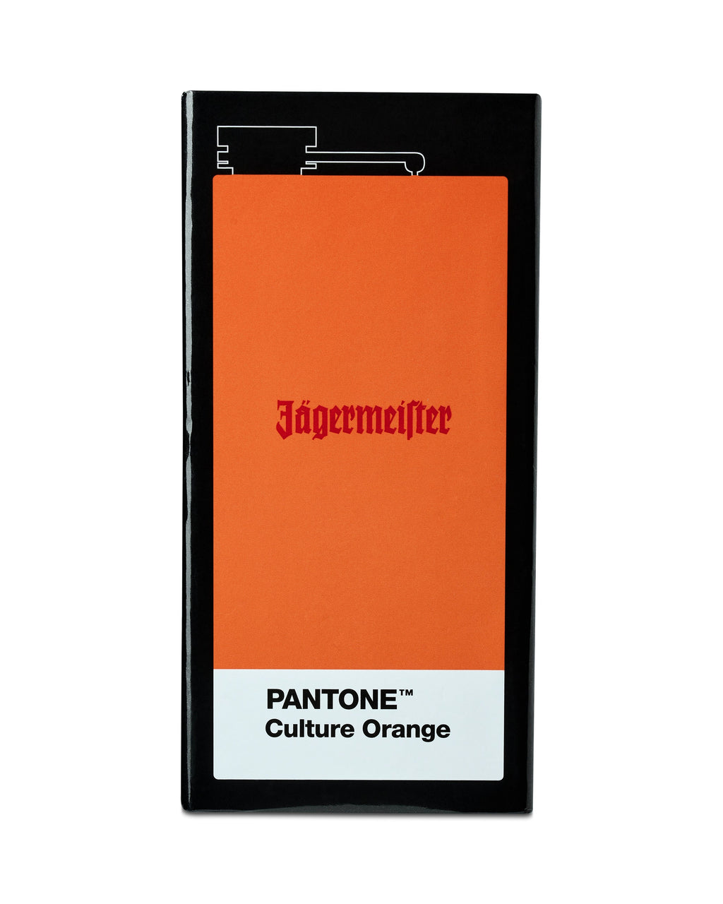 Jägermeister hipflask box with 'PANTONE Culture Orange' label on a white background