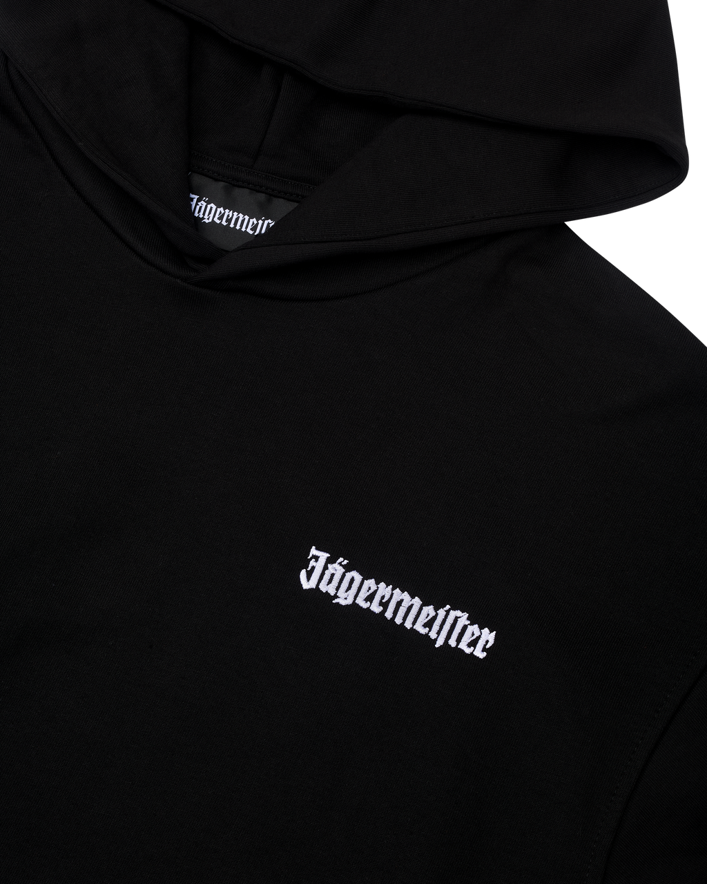 Black hoodie with white Jägermeister logo on the chest.