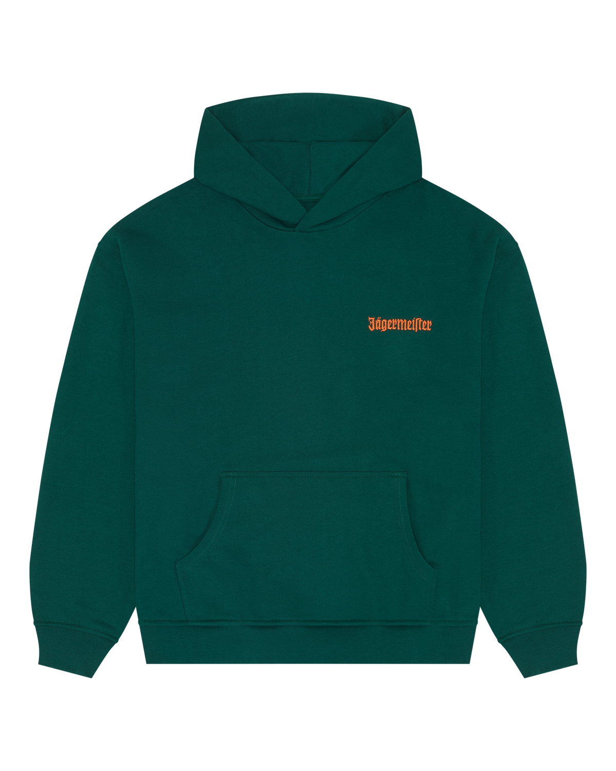 Green hoodie with an orange brand logo on the chest.