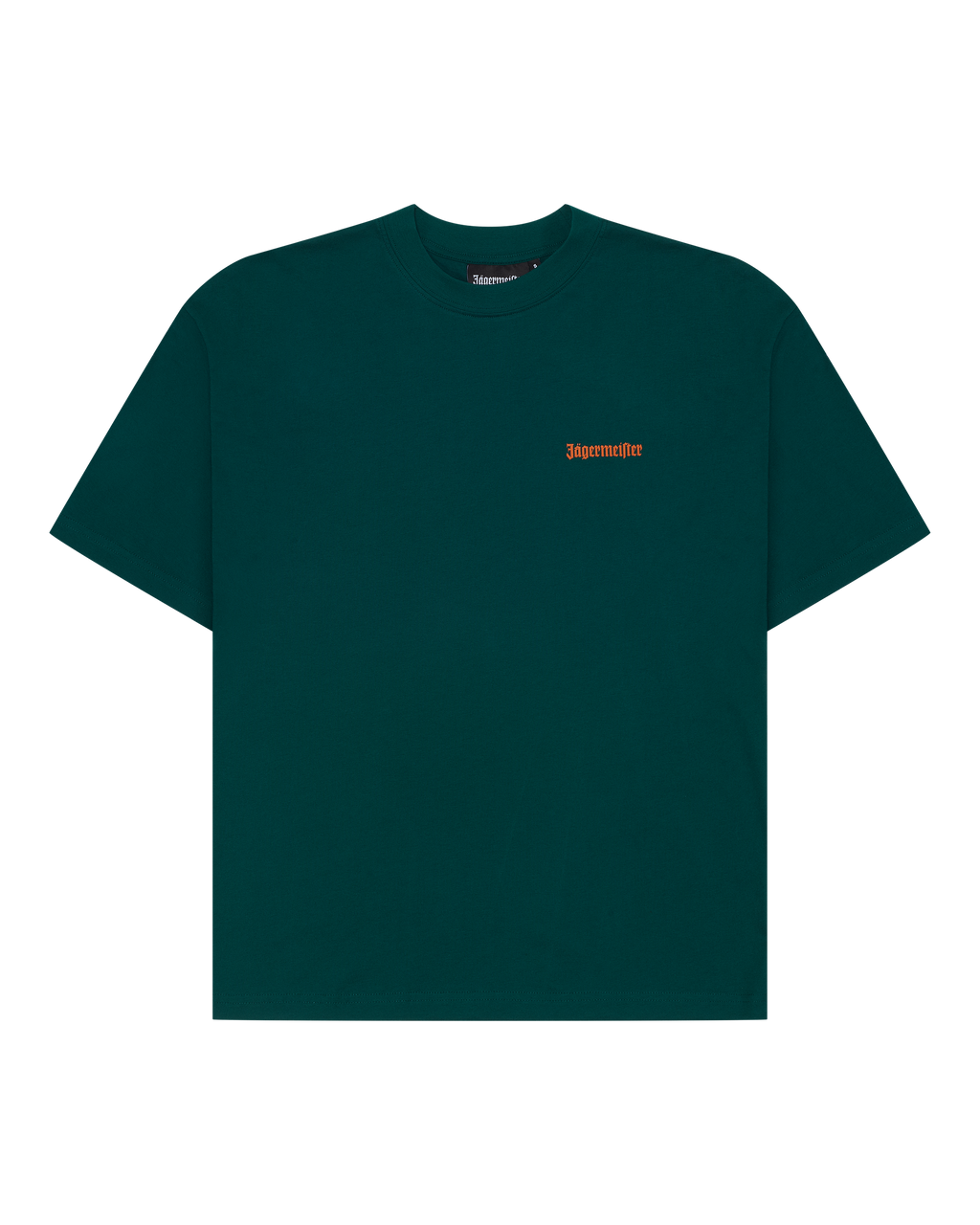 Green Jägermeister t-shirt with a small green Jägermeister wordmark on the chest.