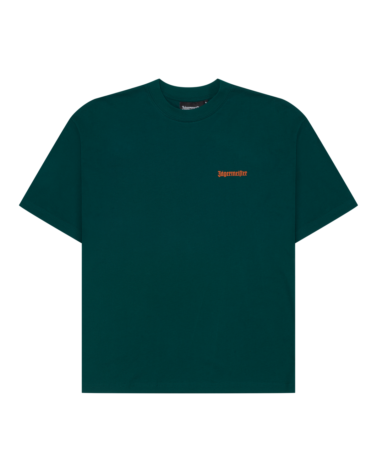Green Jägermeister t-shirt with a small green Jägermeister wordmark on the chest.