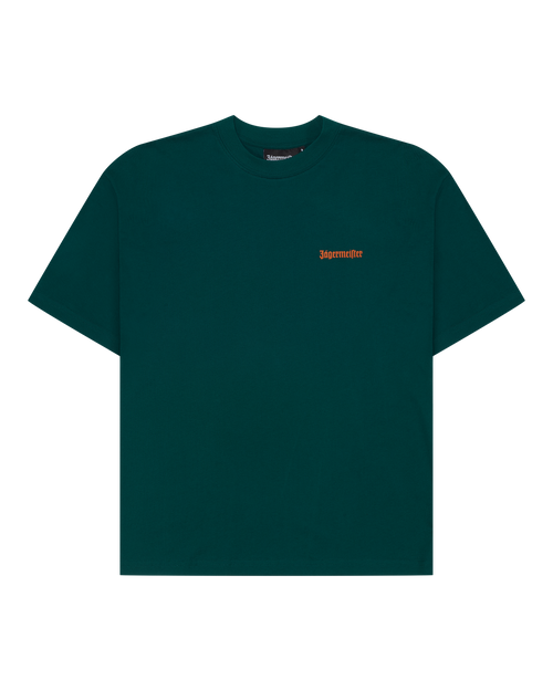 Green Jägermeister t-shirt with a small green Jägermeister wordmark on the chest.