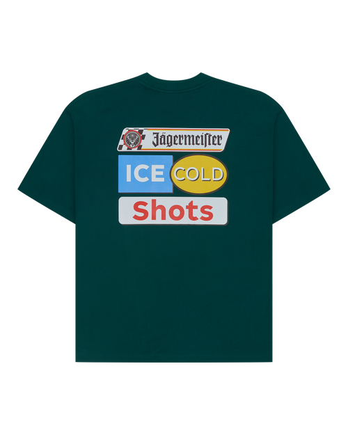 Green t-shirt with Jägermeister 'Ice Cold Shots' branding on the back of the t-shirt.