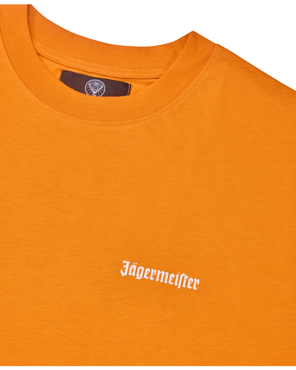 Orange Jägermeister t-shirt with white Jägermeister wordmark logo on the chest.