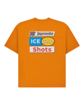 Orange t-shirt with Jägermeister 'Ice Cold Shot' branding on the back of the t-shirt.