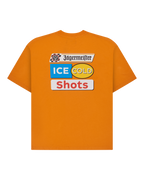 Orange t-shirt with Jägermeister 'Ice Cold Shot' branding on the back of the t-shirt.