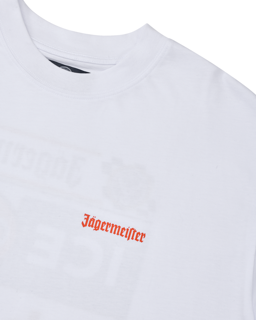 White Jägermeister t-shirt with an orange Jägermeister wordmark on the chest.