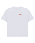 White Jägermeister t-shirt with an orange wordmark logo on the chest.