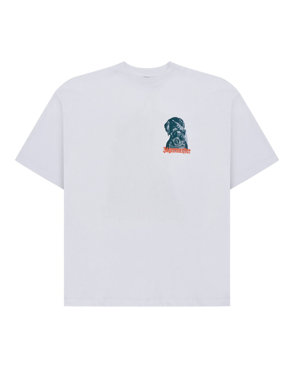 White t-shirt with a graphic design on the chest against a white background