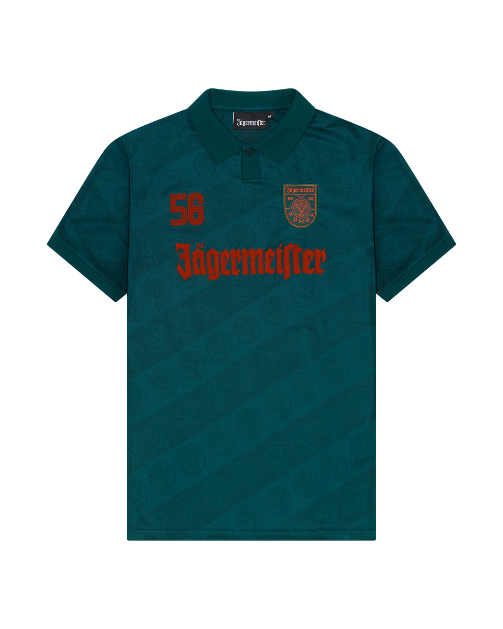 Camisola verde Jägermeister com branding na frente.