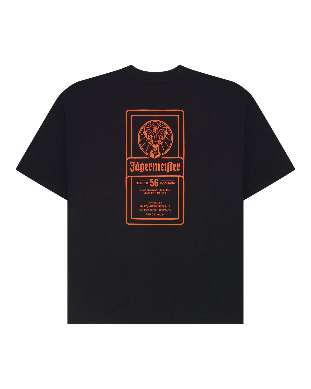Black t-shirt with orange Jägermeister label on the back.