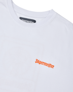 White t-shirt with an orange 'Jägermeister' logo.