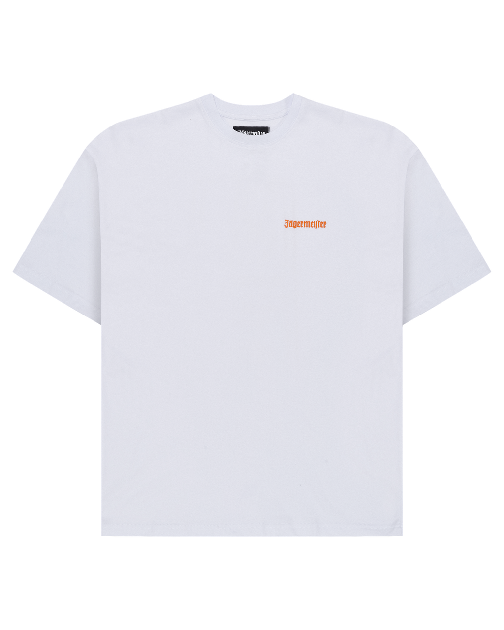 White t-shirt with an orange Jägermeister logo on the chest.