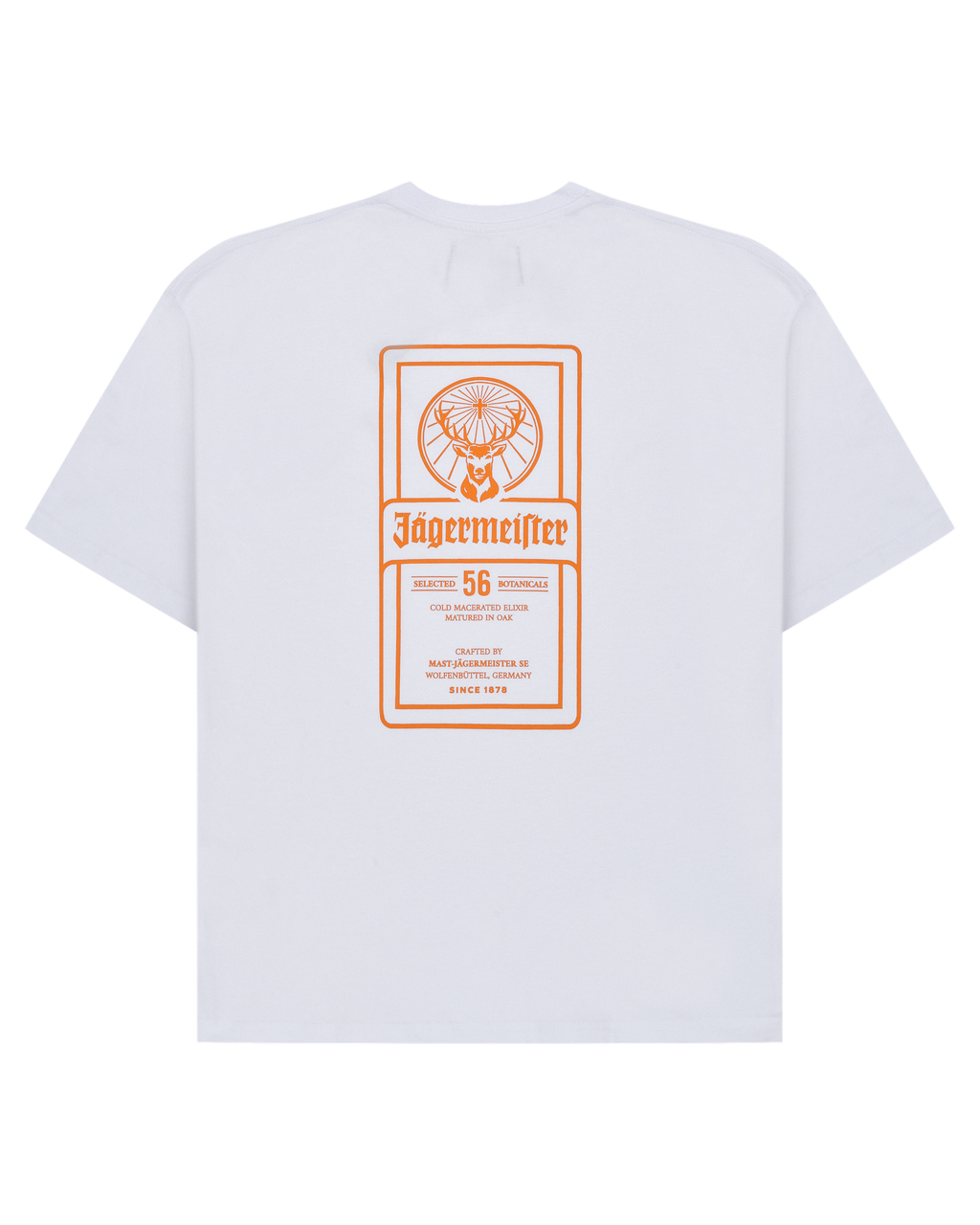 White t-shirt with Jägermeister label-inspired graphic print