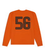 Orange Jägermeister longsleeve with black number 56 on the back.