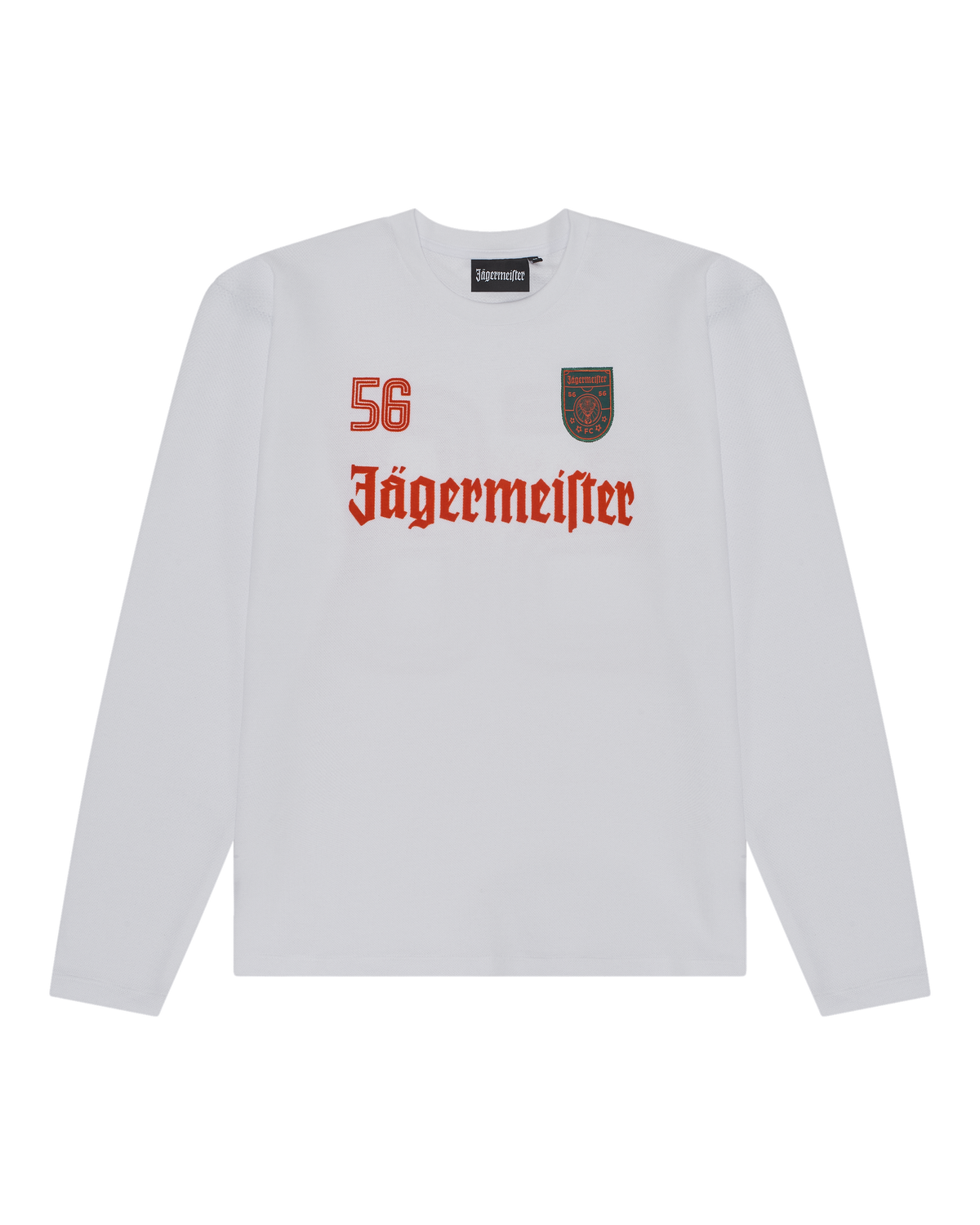 White long-sleeve shirt with Jägermeister logo and number 56.