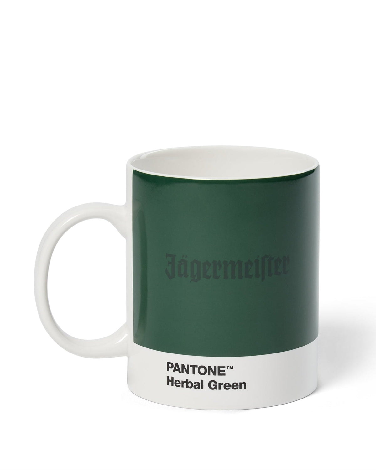 Jägermeister mug with Pantone Herbal Green color swatch on a white background