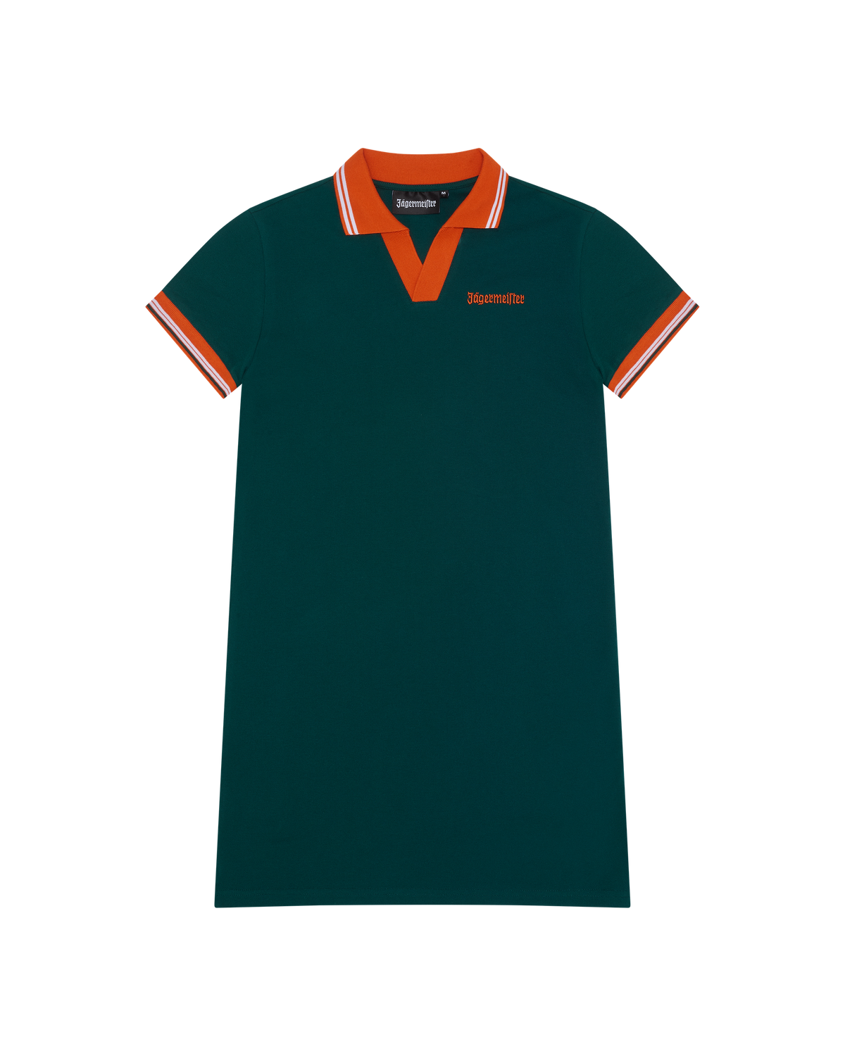 Green polo dress with orange trim and Jägermeister wordmark on the chest