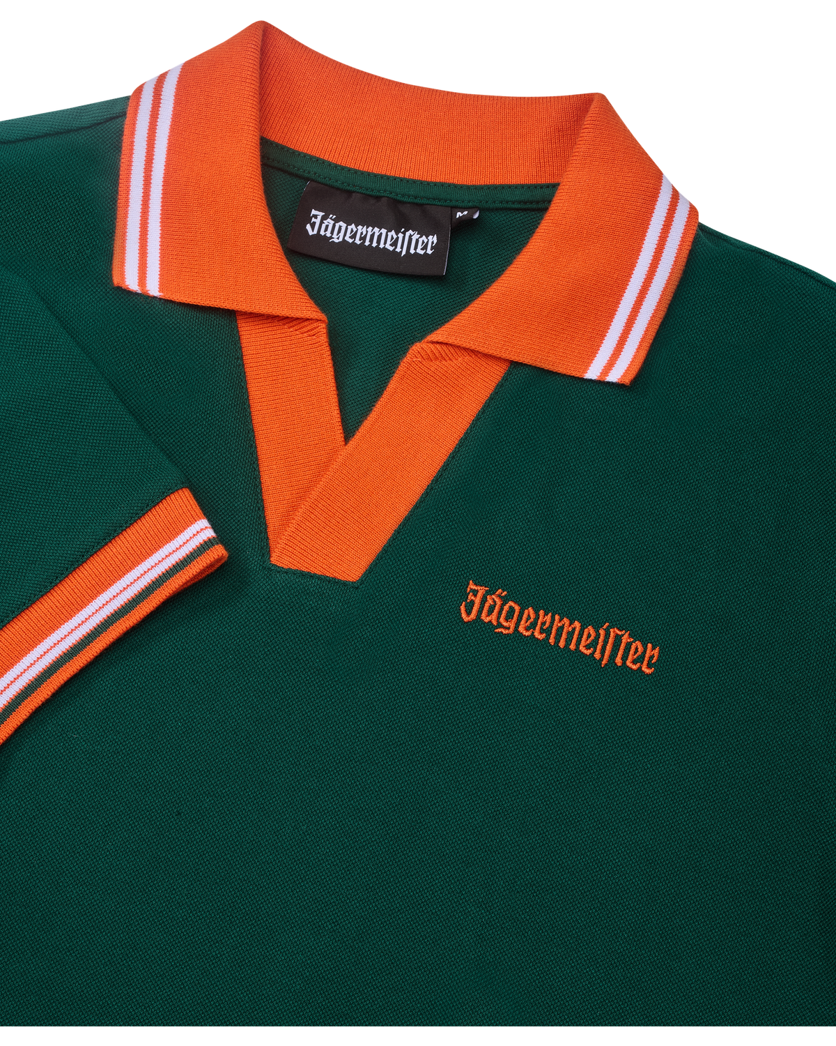 Green polo dress with orange collar and trim featuring Jägermeister branding.