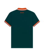 Green Jägermeister polo shirt with orange trim.