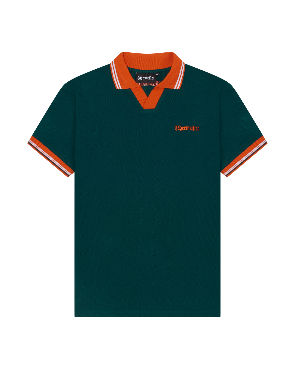 Green Jägermeister polo shirt with orange accents.