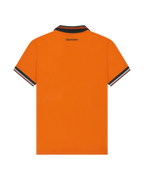 Orange Jägermeister polo shirt from the back with white and orange trim.