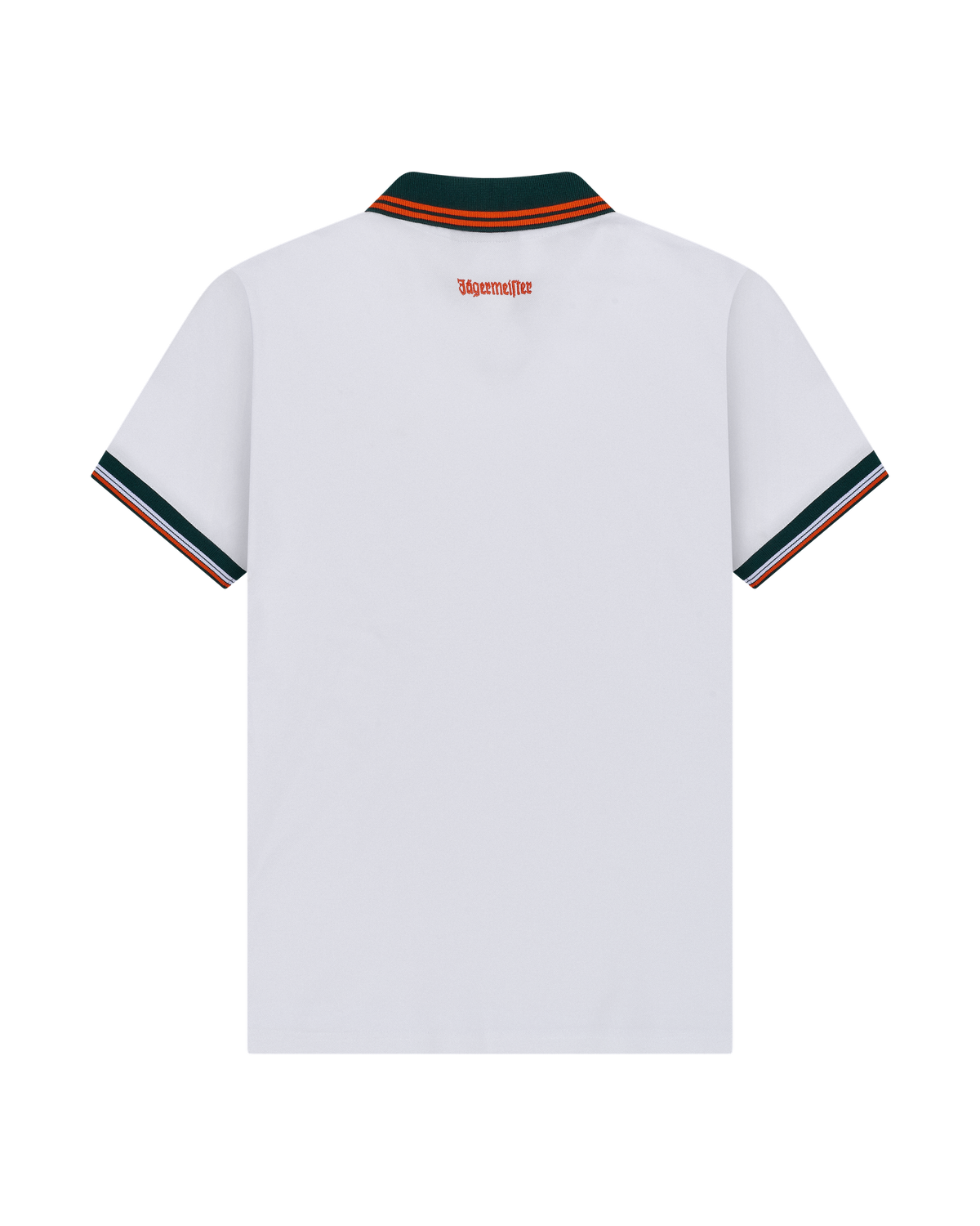 White Jägermeister polo shirt from the back with green and orange trim.