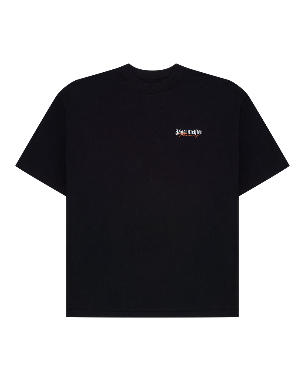 Black Jägermeister racing t-shirt with a small Jägermeister racing logo on the chest against.
