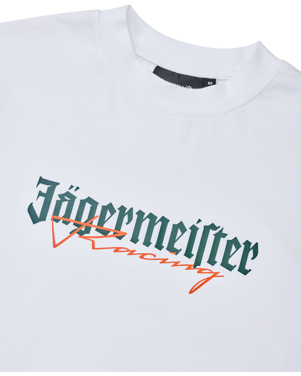 White Jägermeister Racing t-shirt with green and orange logo.