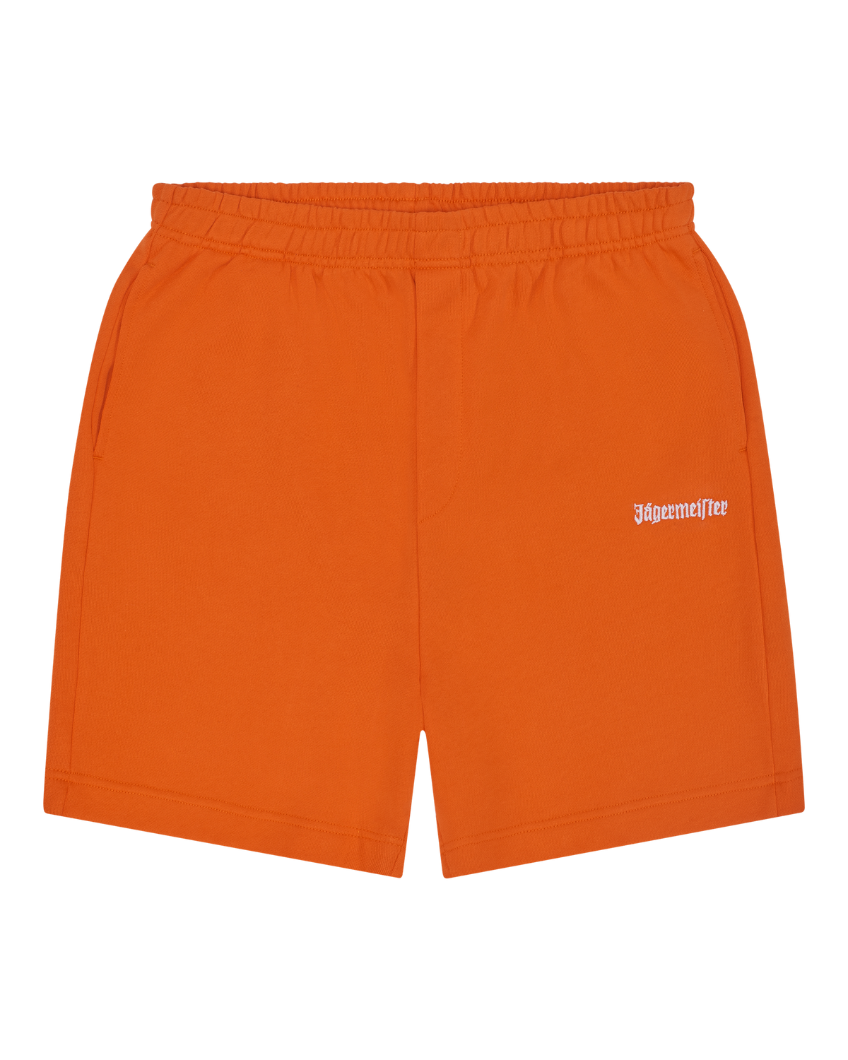 Orange shorts with a white brand logo on the front.