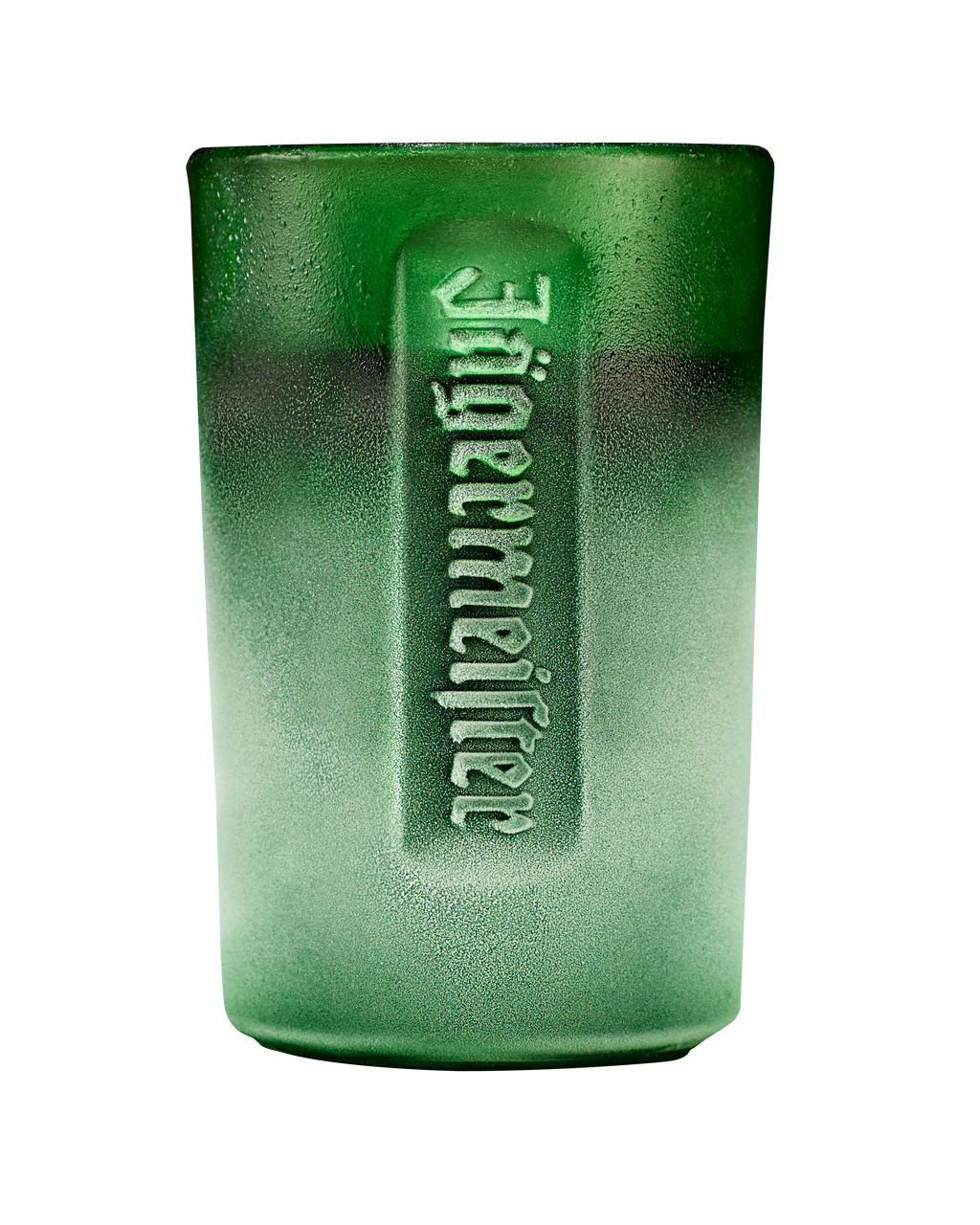 Green frosted shot glas with embossed Jägermeister wordmark