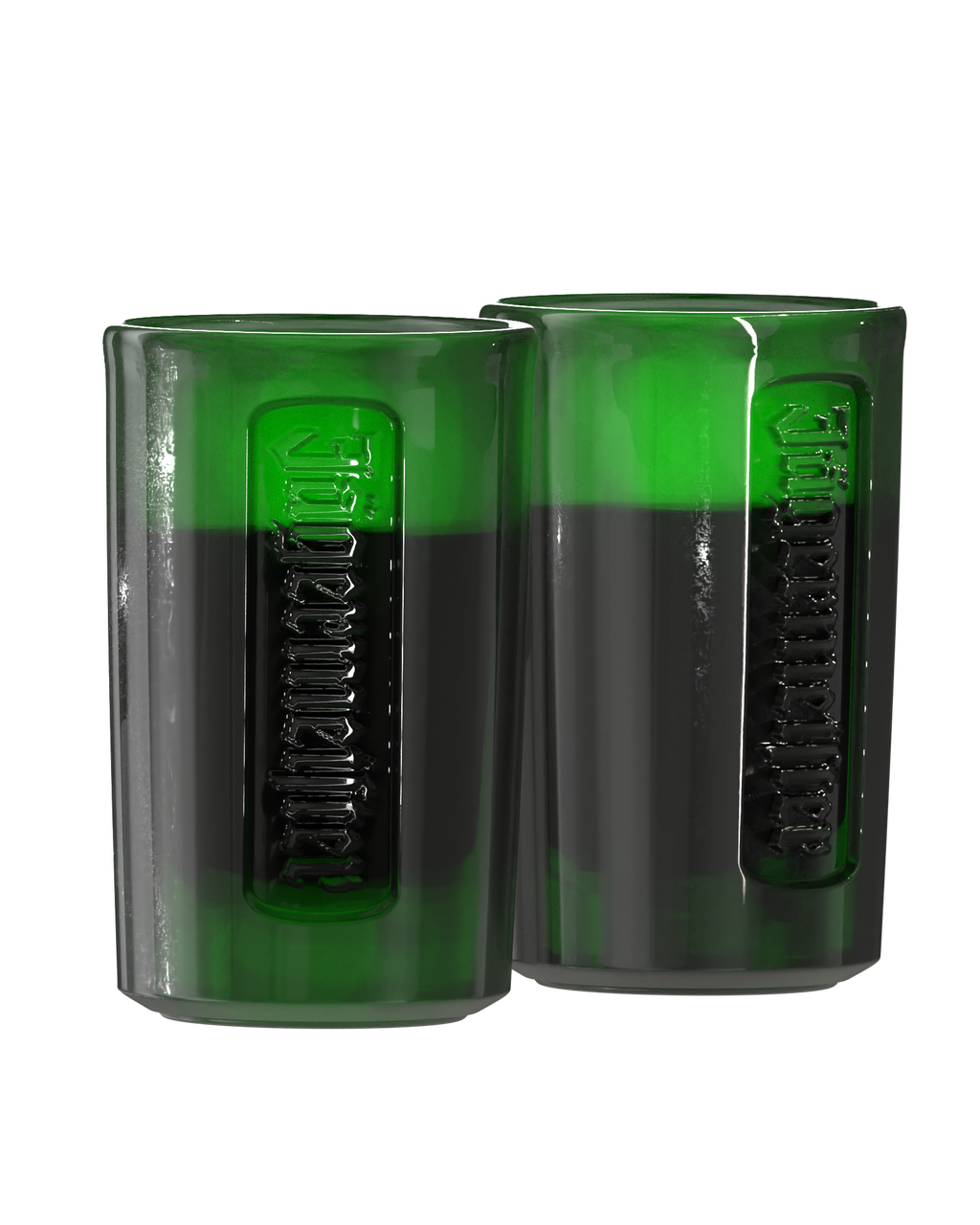 Two green shot glasses with Jägermeister branding and liquid in it
