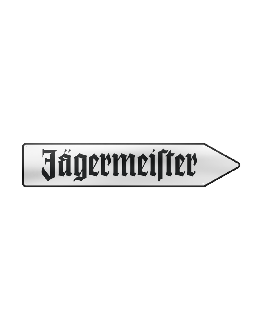 Silver Jägermeister signpost with black Jägermeister wordmark