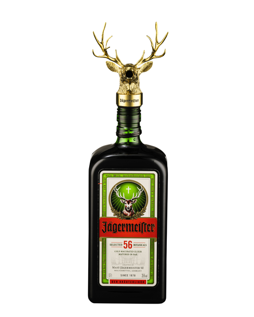 Garrafa de Jägermeister com doseador com cabeça de veado dourada