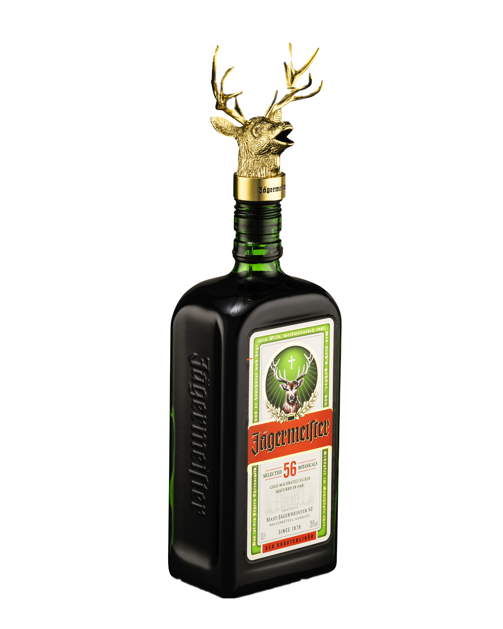 Garrafa de Jagermeister com doseador com cabeça de veado dourada