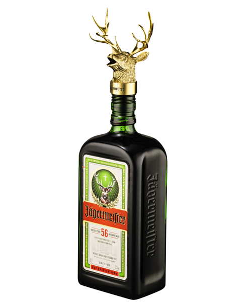 Garrafa de Jagermeister com doseador dourado com cabeça de veado