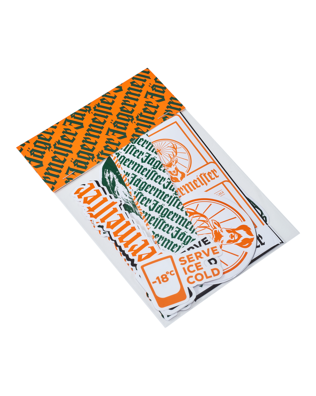 Pack de autocolantes da marca Jagermeister sobre fundo branco