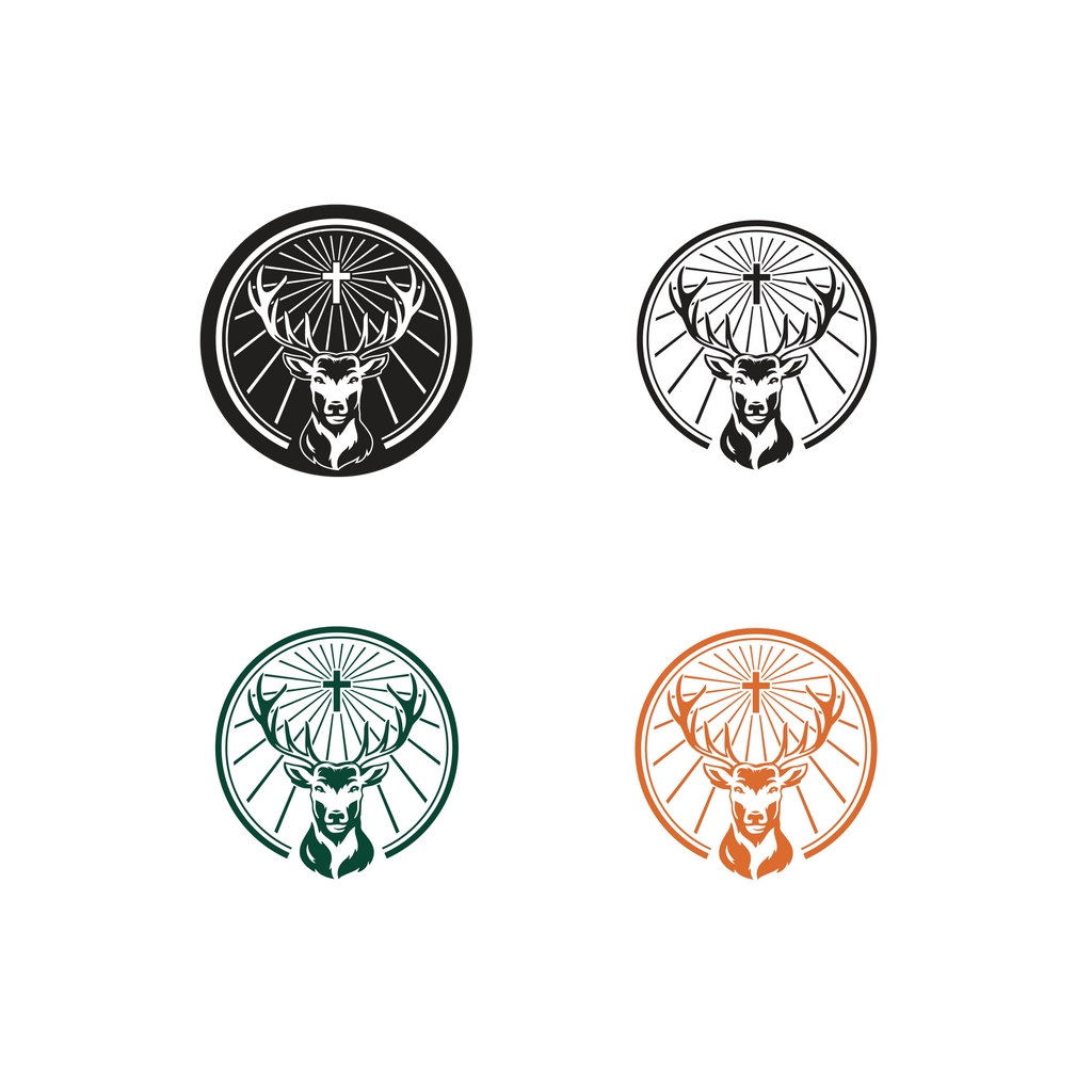 Quatro logótipos da Jägermeister em branco, preto, verde e laranja, com cabeças de veado em molduras circulares sobre um fundo branco.