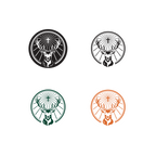 Quatro logótipos da Jägermeister em branco, preto, verde e laranja, com cabeças de veado em molduras circulares sobre um fundo branco.